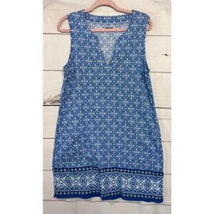 Lands End Dress Size LG Blue White Geometric Print Sleeveless EUC